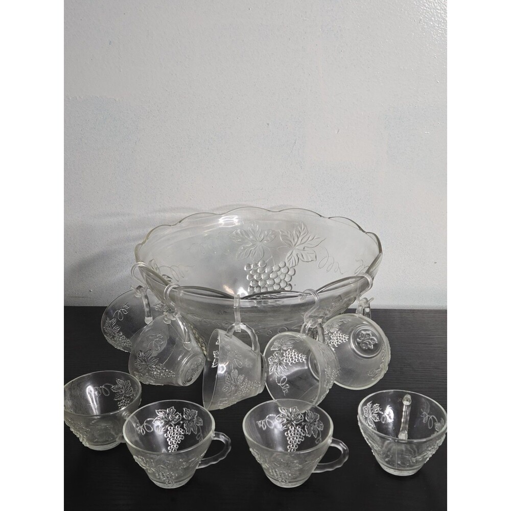 Vintage Anchor Hocking Punch Bowl Set with 9 Cups Clear Pressed Glass Harvest